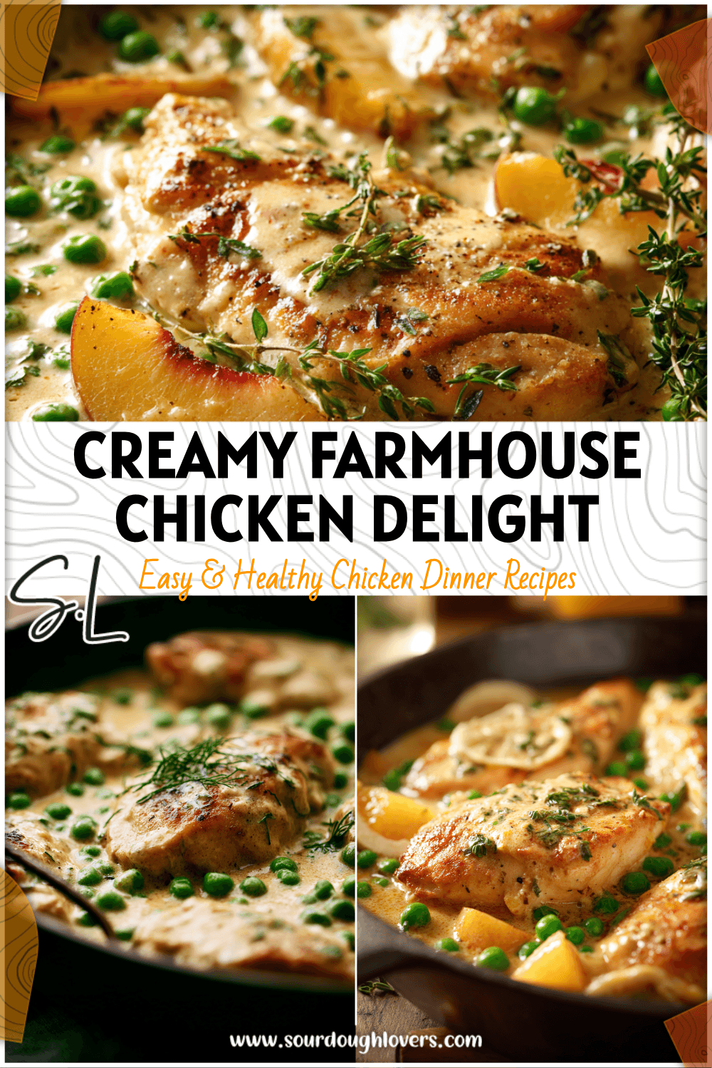 Golden chicken breasts with creamy peas and a peach sauce served in a rustic farmhouse skillet.